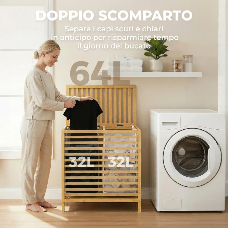 HOMCOM Cesto Portabiancheria in Bambù 64L con Coperchio, 2 Sacche in Tessuto Oxford Rimovibili e Lavabili, Color Legno