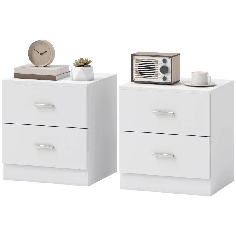 HOMCOM Set of 2 Modern Nightstands, Bedside Tables with 2 Storage Drawers, Accent End Table for Bedroom and Living Room, White