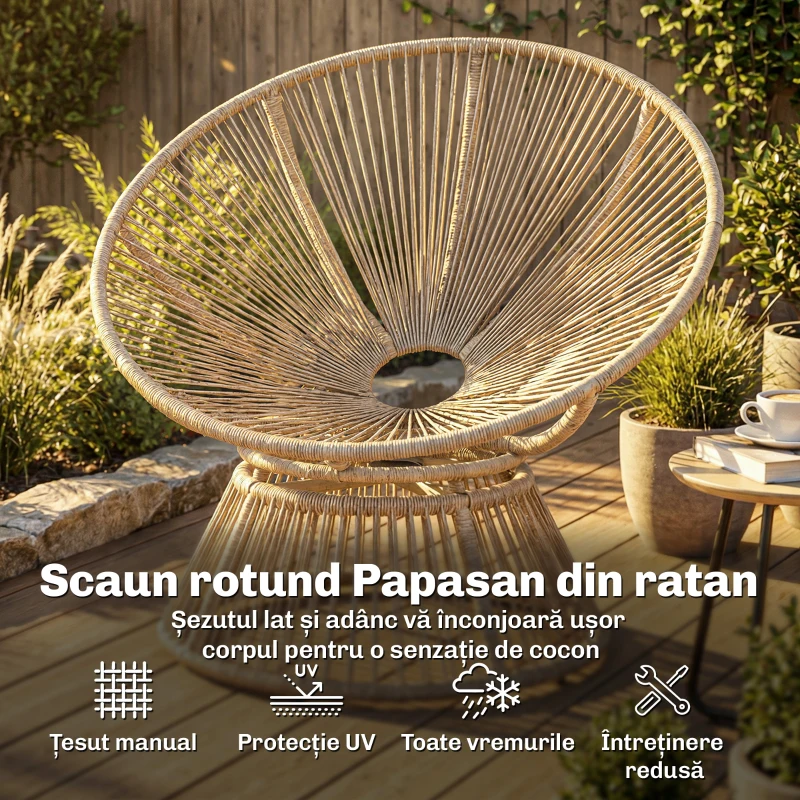 Outsunny Fotoliu Papasan Rotativ 360° Moon Chair cu Pernă pentru Interior/Exterior, Crem Alb