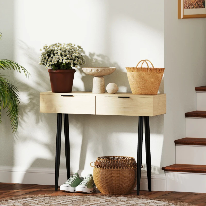 HOMCOM Table console style nordique table d'entrée étroite avec 2 tiroirs et pieds en acier pour salon, entrée, couloir, chêne