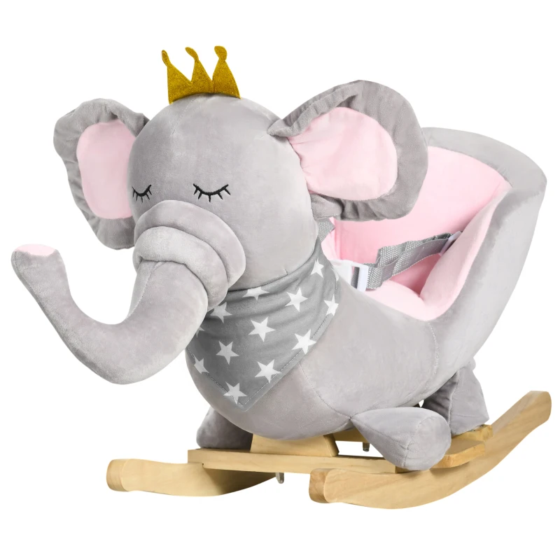 HOMCOM Kids Elephant-Designed Rocking Horse, with Safety Belt, Wooden Base, for Ages 18-36 Months - Grey