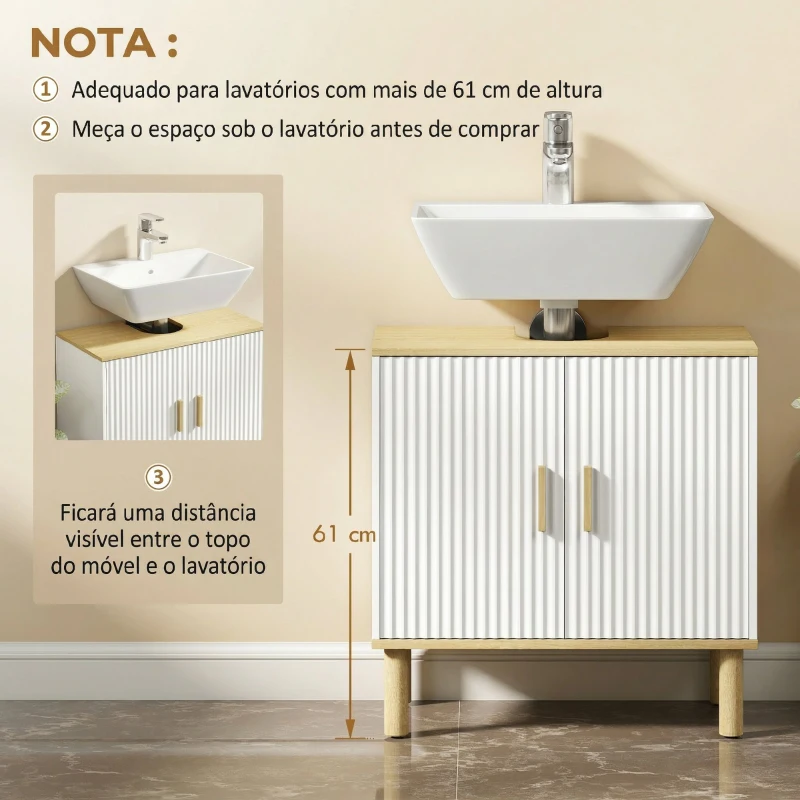 HOMCOM Móvel para Baixo do Lavatório com Prateleira Ajustável, Armário para Lavatório sem Pedestal com Portas Caneladas 60x30x61 cm Branco