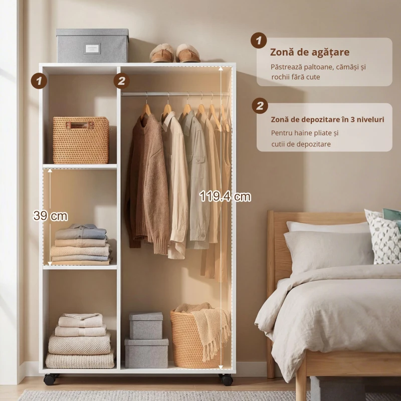 HOMCOM Garderobă pe roți, garderobă mobilă, cameră de haine, șipcă rulantă, 80 x 40 x 128 cm, Alb