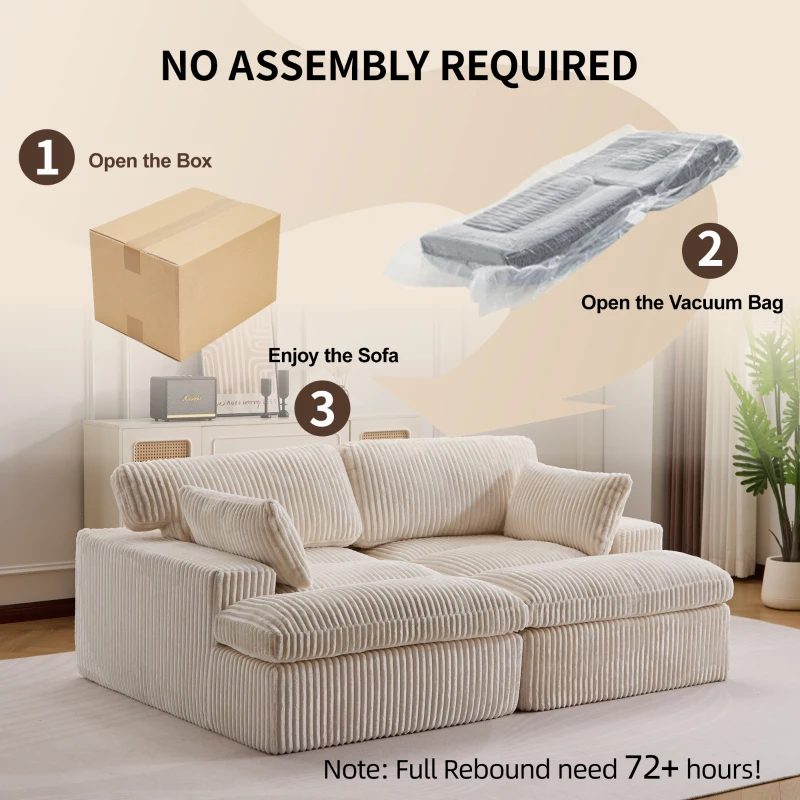Doppelter Chaiselongue-Sessel für den Innenbereich, übergroße gepolsterte Cloud-Schlafcouch, luxuriöses Schlafsofa mit tiefem Sitz, Sofa-Chaiselongue mit Anbausofa, Lesesessel aus Cord für das Wohnzimmer, kein Zusammenbau erforderlich, weiß