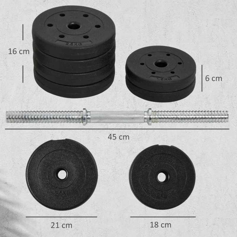 HOMCOM Set Manubri Palestra 30kg (8x2.5 kg, 4x1.5 kg), Pesi Palestra con 12 Dischi e 2 Manubri da 2 kg per Allenamento a Casa, Nero