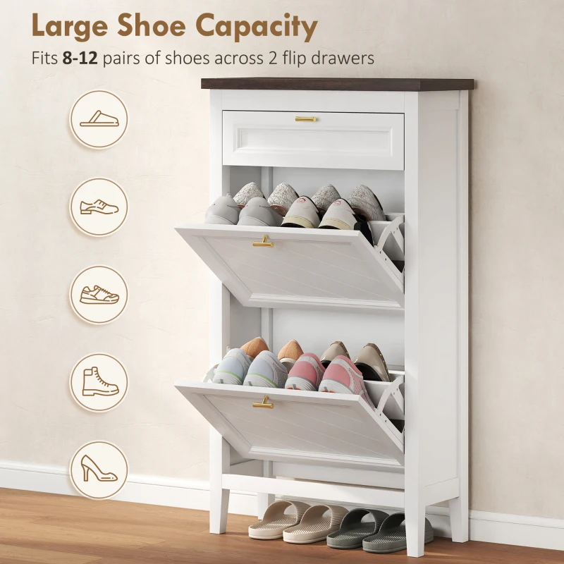 HOMCOM Shoe Cabinet with 2 Flip Drawers, Farmhouse Narrow Shoe Storage Cabinet with Adjustable Shelves, White