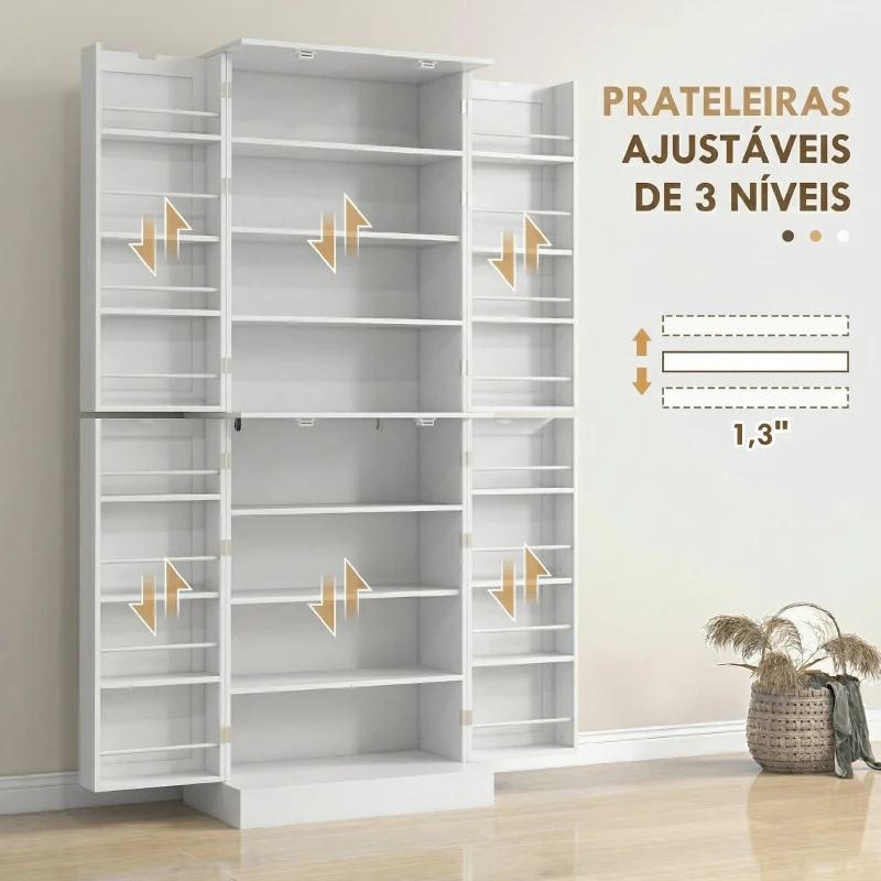 HOMCOM Armário Despensa de Cozinha com 4 Portas e Prateleiras Ajustáveis para Sala de Estar ou Sala de Jantar 60x35x166 cm Branco
