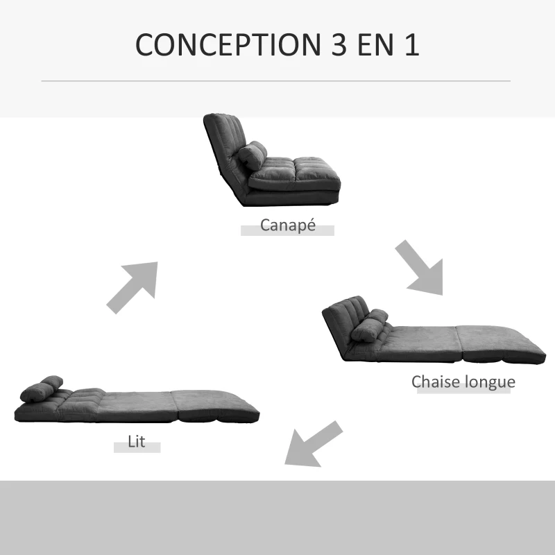 HOMCOM Chauffeuse matelas d'appoint pliant convertible - inclinaison dossier réglable 14 positions - 2 coussins inclus, gris