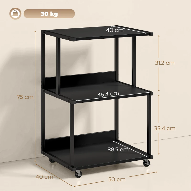 HOMCOM supporto stampante 3 livelli con ruote, tavolino industriale metallo ufficio, nero.