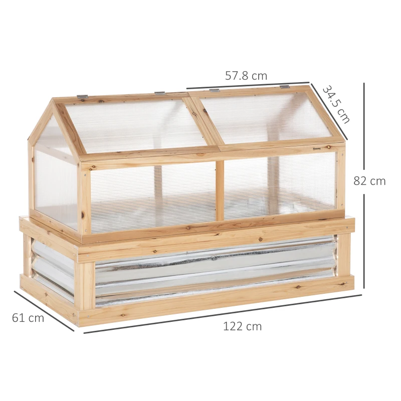 Outsunny Raised Garden Bed with Greenhouse Top - Garden Wooden Cold Frame Greenhouse Flower Planter Protection with 2 Independent Roofs, 122 x 61 x 82 cm, Natural