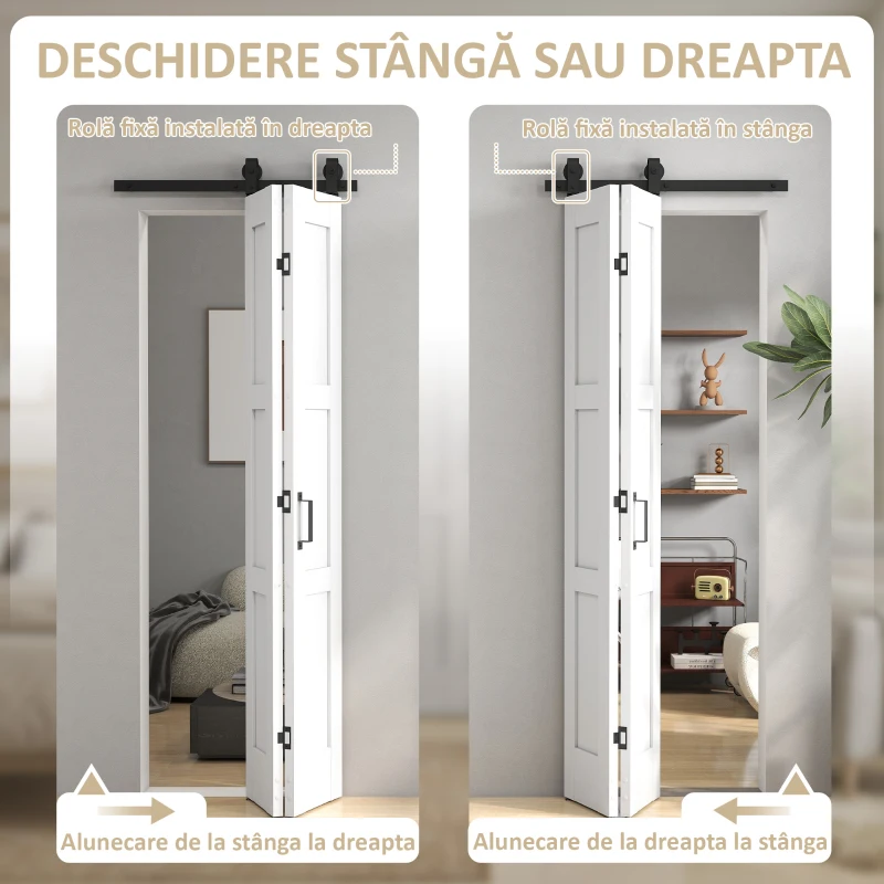 HOMCOM Ușă Culisantă Pliabilă pentru Interior 71.2x213.4cm, Șină Silențioasă din Oțel, Mâner, Ghidaj, Role, Ușă de Interior Rustică, din MDF și Lemn de Pin, Impermeabilă, pentru Bucătărie, Baie