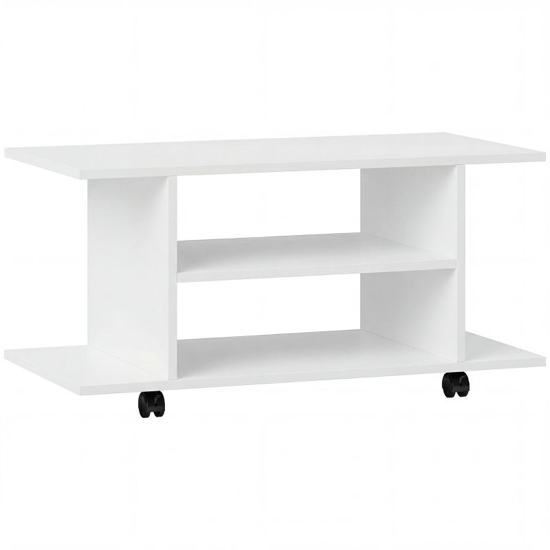 HOMCOM Meuble TV moderne avec étagères, roulettes pivotantes et freins, 80x40x40 cm, Blanc