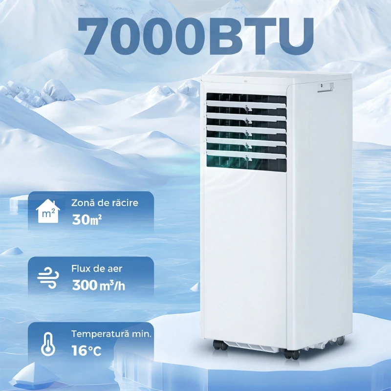 HOMCOM Aparat de Aer Condiționat Portabil 7000 BTU, Unitate 4-în-1 cu Răcire, Dezumidificator, Ventilator, Mod Noapte