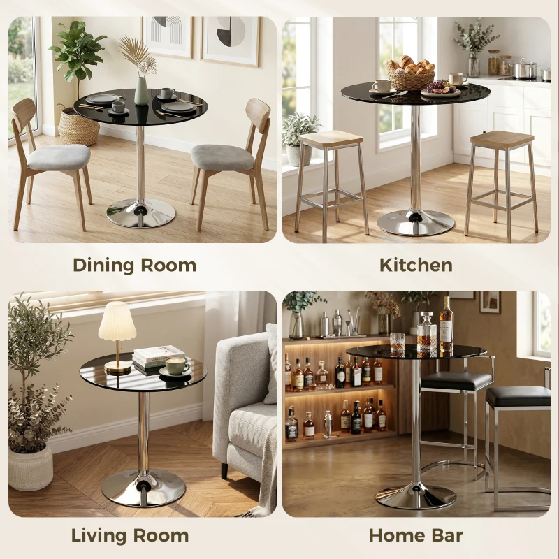 HOMCOM Round Bar Table, Modern Dining Table with Tempered Glass Top and Steel Frame for 4, 70 x 70 x 75.5cm, Black