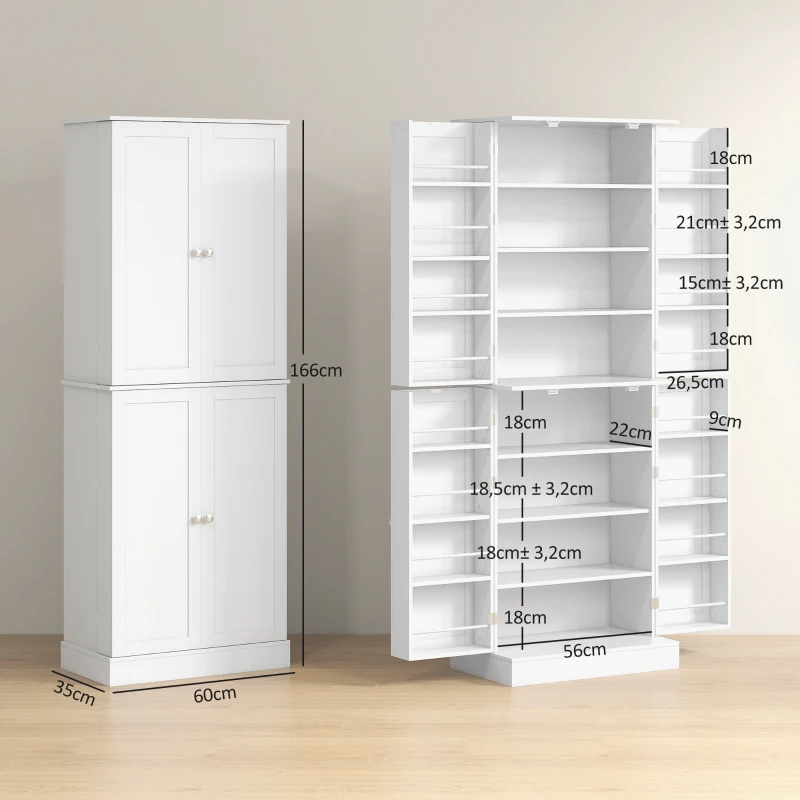 HOMCOM Armário Despensa de Cozinha com 4 Portas e Prateleiras Ajustáveis para Sala de Estar ou Sala de Jantar 60x35x166 cm Branco