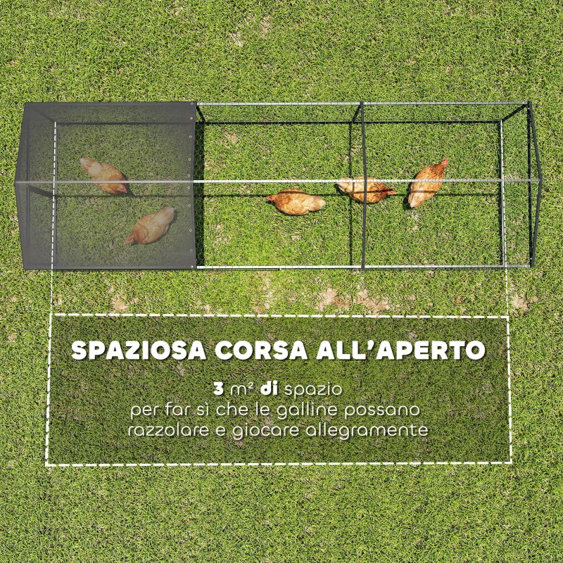 PawHut Pollaio per Galline da Esterno, 3x1x1m, in Acciaio Zincato con Tetto Impermeabile Anti-UV e Serratura