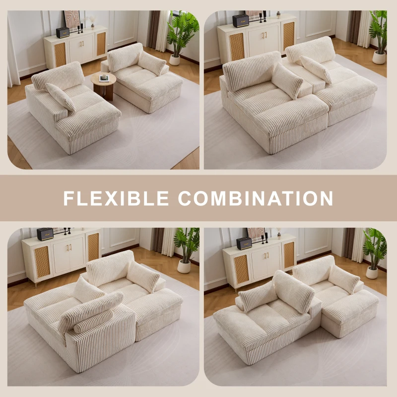 Doppelter Chaiselongue-Sessel für den Innenbereich, übergroße gepolsterte Cloud-Schlafcouch, luxuriöses Schlafsofa mit tiefem Sitz, Sofa-Chaiselongue mit Anbausofa, Lesesessel aus Cord für das Wohnzimmer, kein Zusammenbau erforderlich, weiß