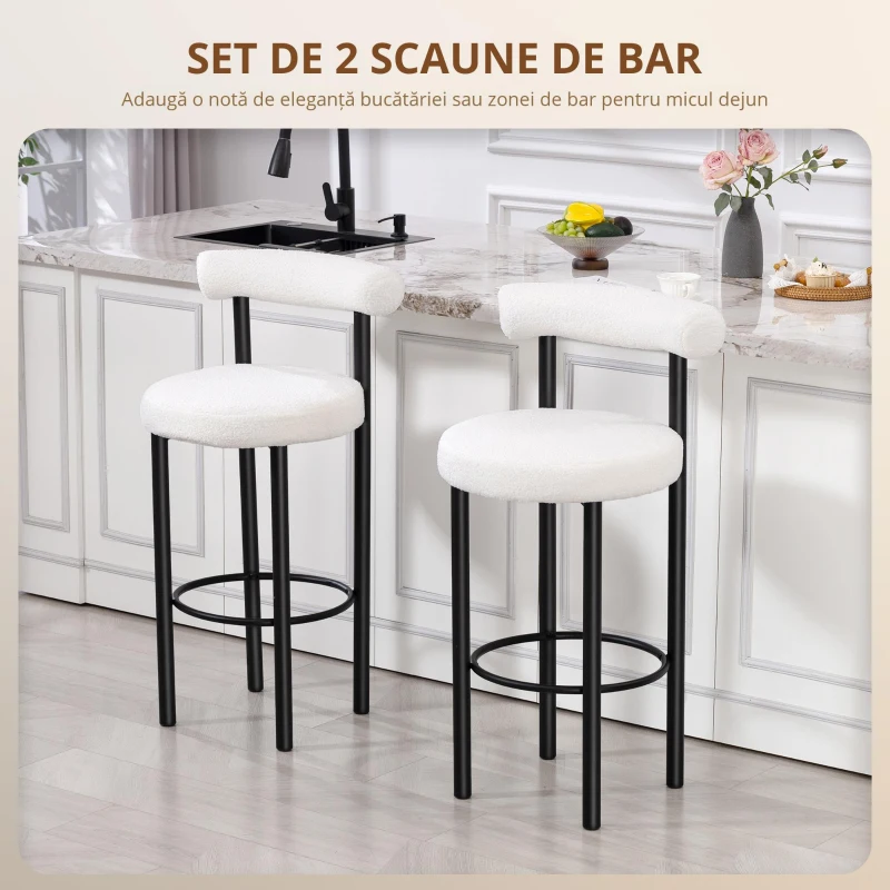 HOMCOM Set de 2 taburete de bar, scaune de bar din țesătură bouclette cu spătar curbat, suport pentru picioare, 50x52,5x98cm, crem