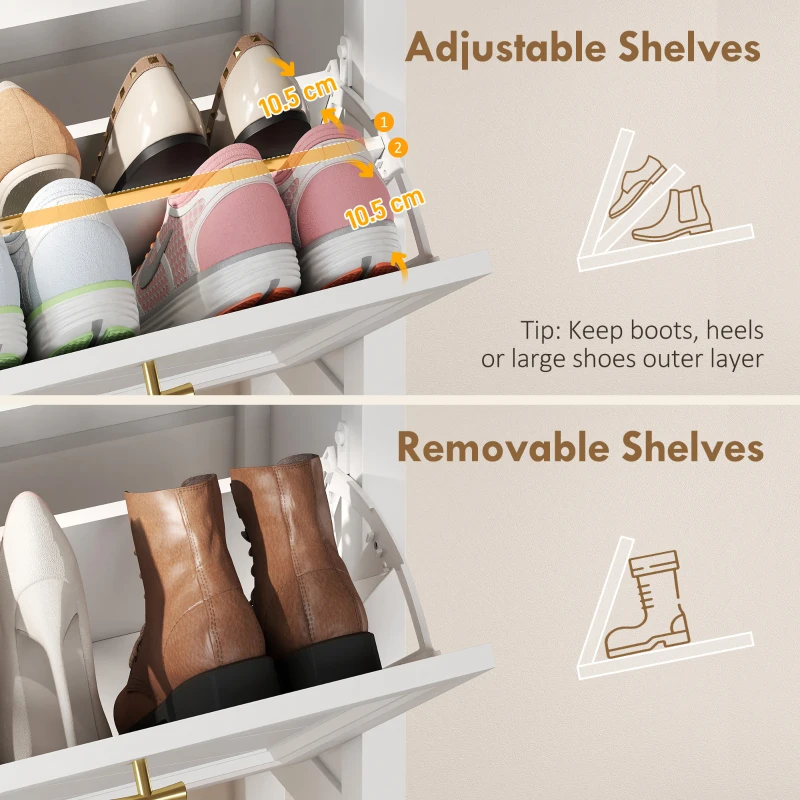 HOMCOM Shoe Cabinet with 2 Flip Drawers, Farmhouse Narrow Shoe Storage Cabinet with Adjustable Shelves, White