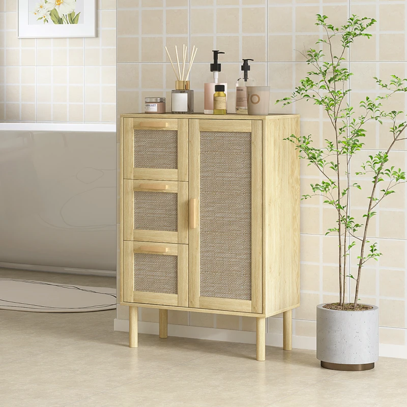 HOMCOM Armoire meuble de rangement style bohème avec 3 tiroirs et 3 étagères, façade rotin tissé, compact, 55 x 30 x 82 cm