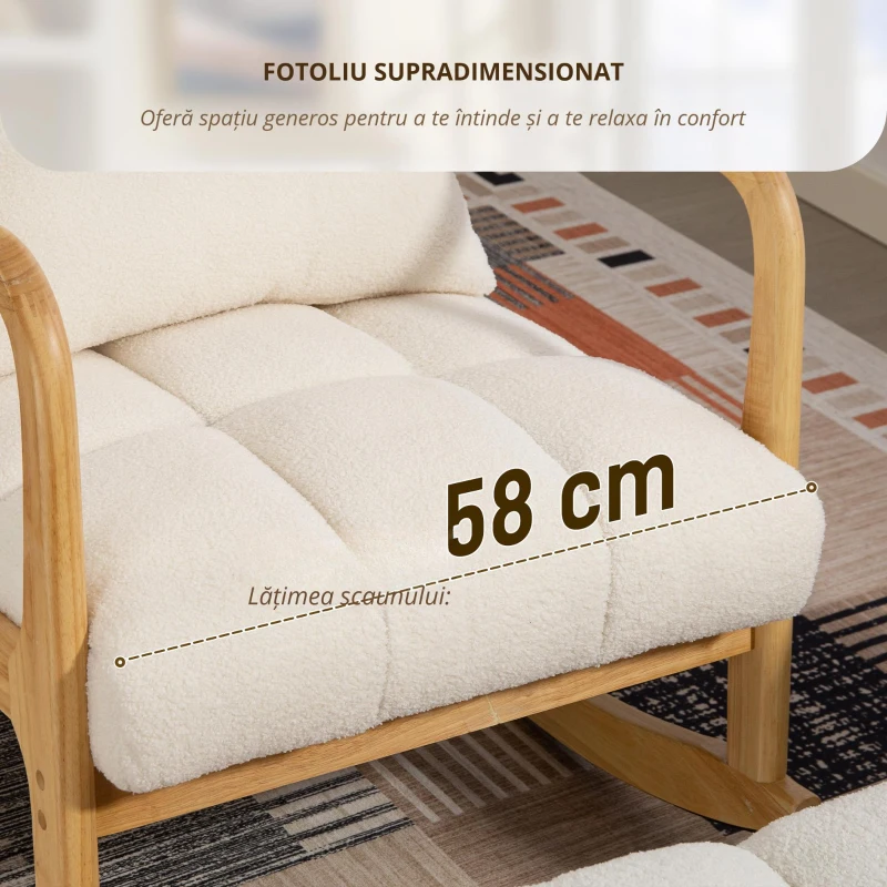 HOMCOM Fotoliu de leagăn cu otoman, picioare din lemn, 64,5 x 82 x 89 cm, alb