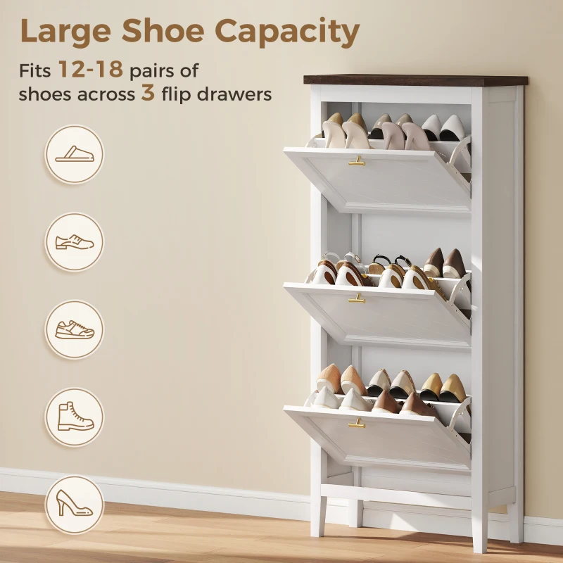 HOMCOM Shoe Cabinet with 3 Flip Drawers, Farmhouse Narrow Shoe Storage Cabinet with Adjustable Shelves, White