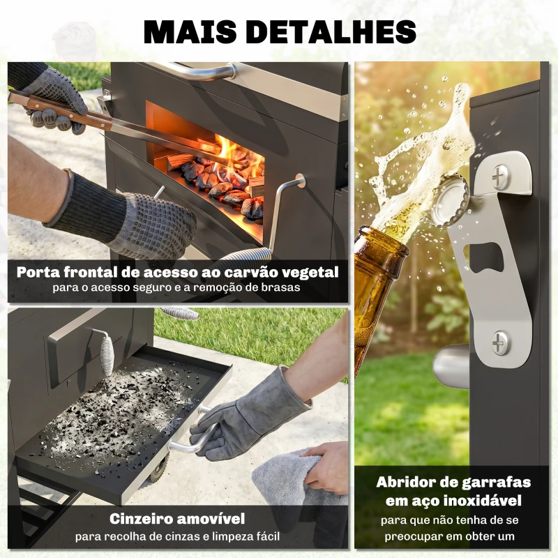Outsunny Barbecue a Carvão com Rodas Tampa Grelhas de Aço Inoxidável Termômetro Bandeja Lateral e Prateleira 113x65x108 cm Preto