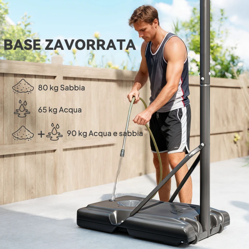 SPORTNOW Canestro Basket ad Altezza Regolabile per Giardino e Piscina con Base Riempibile, 110x75x195-370 cm, Nero