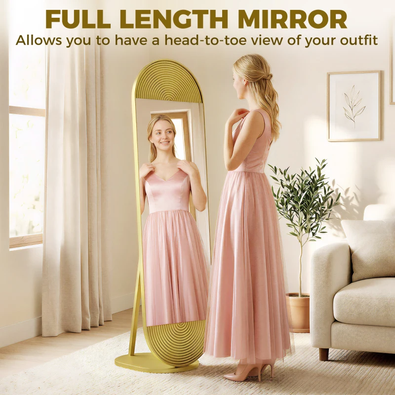 HOMCOM 50 x 161 cm Wavy Full Length Mirror, Free Standing Mirror with Metal Frame and Solid Base, Gold Tone