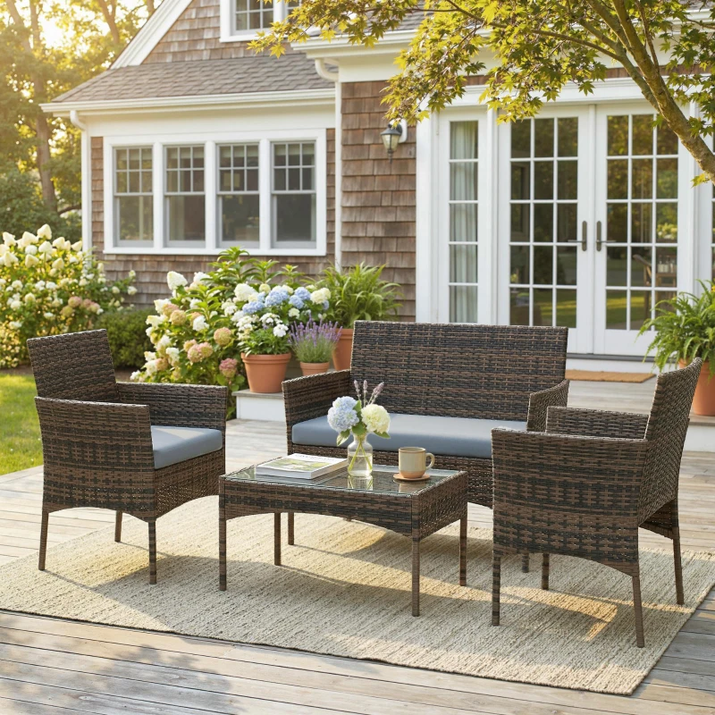 Outsunny Set da Giardino 4pz con Divano 2 Posti, 2 Sedie e Tavolino Basso, in Rattan e Acciaio, Grigio e Marrone