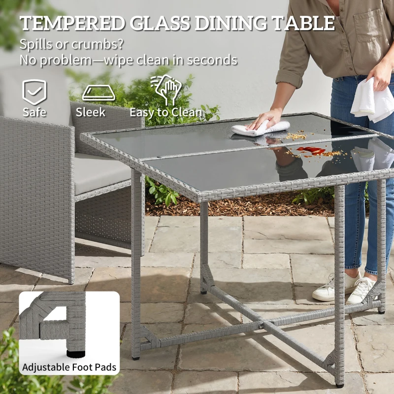 Outsunny 9 Piece Rattan Cube Garden Furniture Dining Set with Armchairs, Footstools and Glass-Top Table, Light Grey