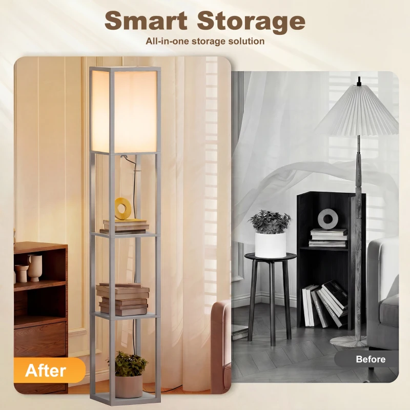 HOMCOM 3-Tier Floor Lamp with Shelves and Storage, Modern Corner Standing Lamp with Lampshade, Reading Light with Foot Switch for Living Room, Bedroom, Home Office, Bulb not Included, Grey
