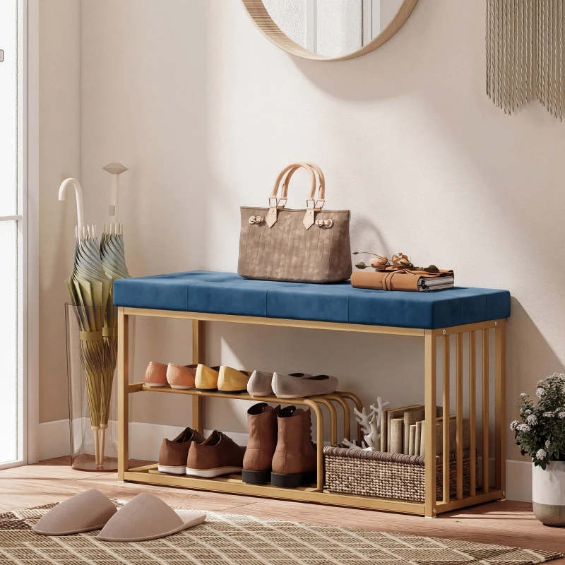 HOMCOM Bench and Shoe Storage, Tufted Shoe Storage Bench with Velvet Seat Cushion Gold Steel Frame for Entryway, Dark Blue