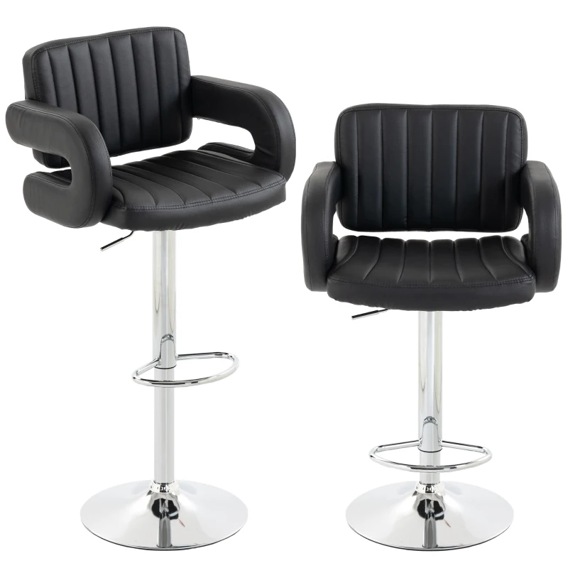 HOMCOM Bar Stools Adjustable Swivel Kitchen Chairs with Backrest Armrest Set of 2 PU Leather Black