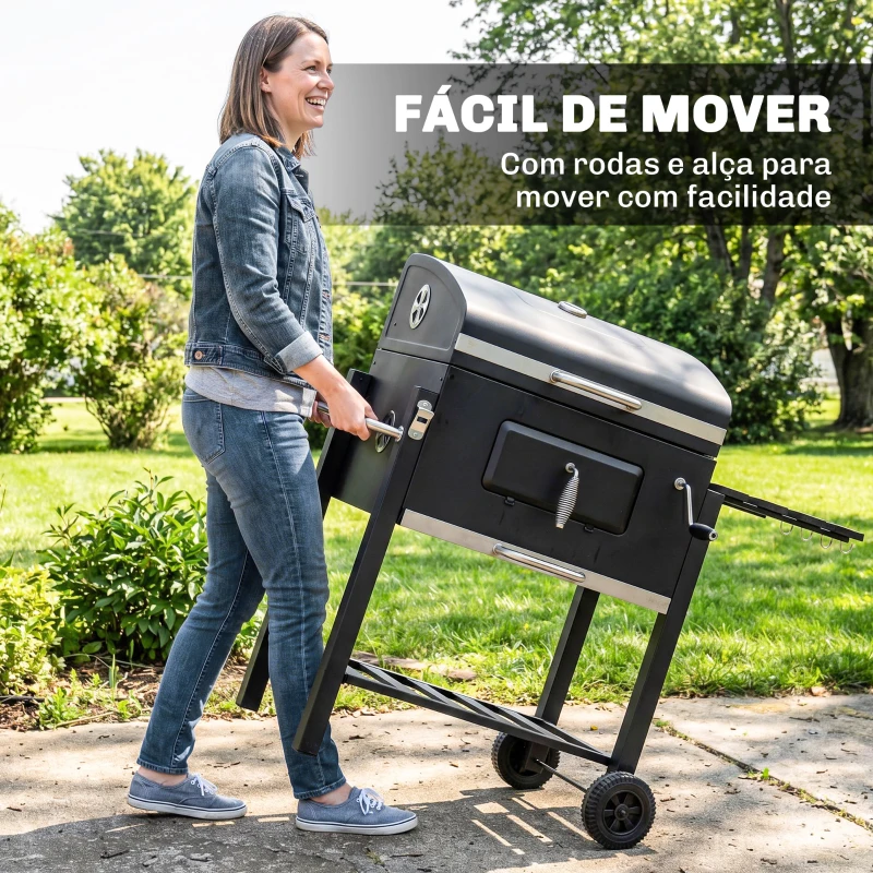 Outsunny Barbecue a Carvão com Rodas Tampa Grelhas de Aço Inoxidável Termômetro Bandeja Lateral e Prateleira 113x65x108 cm Preto