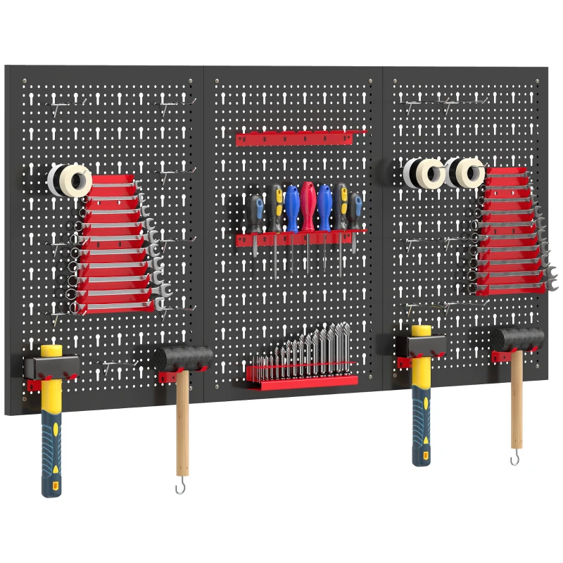 HOMCOM Set 3 Pannelli Porta Attrezzi da Parete in Acciaio con 9 Supporti e 16 Ganci, Nero e Rosso