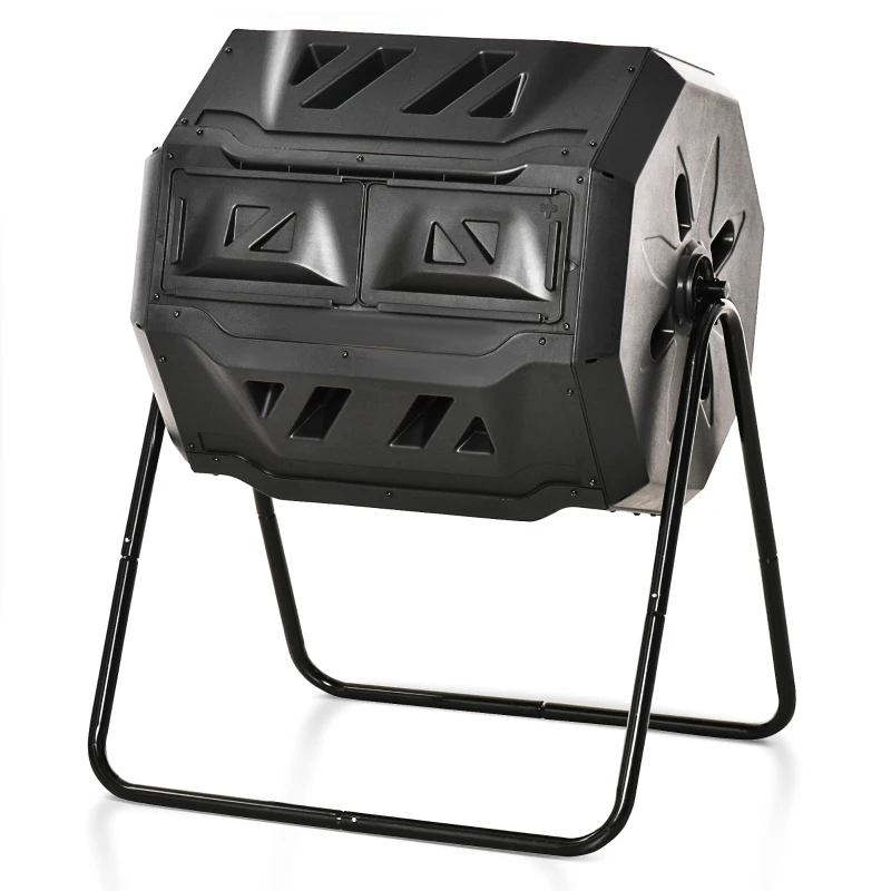 Outsunny Garden Composter - Compost Bin for Waste - 360° Rotating - Double Chamber 160 L - Black, PP & Epoxy Steel