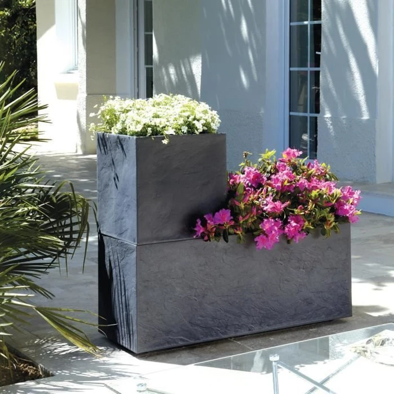 Jardiniere - EDA - Volcania - 98 L - Intérieur / Extérieur - Décor Pierre - 99,5 x 39 x H. 43 cm - Gris Anthracite