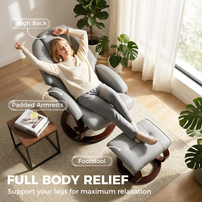 HOMCOM Swivel Recliner Chair with Footstool, PU Leather Recliner Armchair with Adjustable Back and Wood Frame, Grey