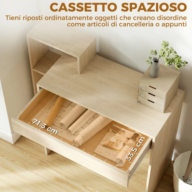HOMCOM Scrivania PC Moderna con 3 Ripiani Aperti e Cassetto, in Legno, Color Legno, 100x40x90 cm
