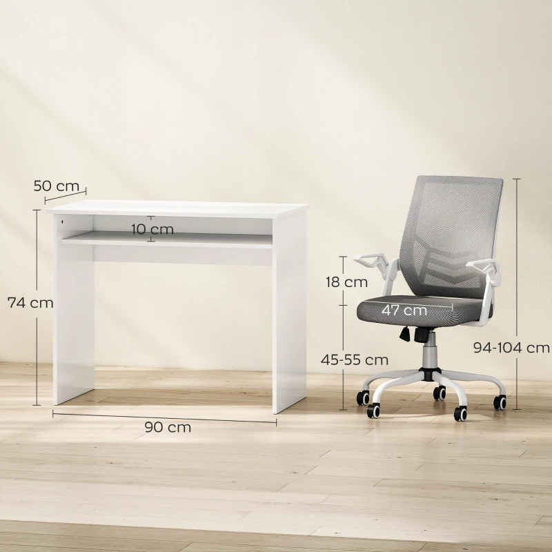HOMCOM Home Office Furniture Set, Modern Computer Desk with Storage Shelf and Ergonomic Mesh Chair with Flip-Up Arms, Lumbar Support, Adjustable Height, Swivel Wheels, White and Grey