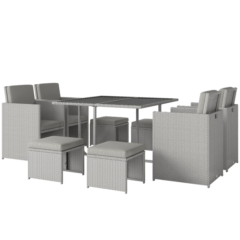 Outsunny 9 Piece Rattan Cube Garden Furniture Dining Set with Armchairs, Footstools and Glass-Top Table, Light Grey