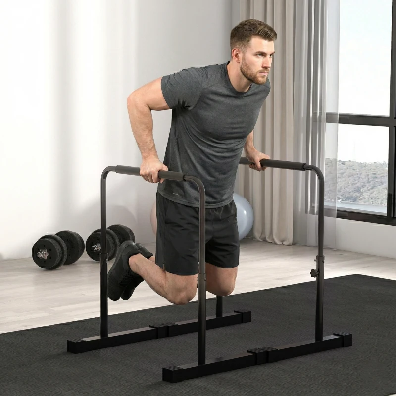 SPORTNOW Set 2 Bare pentru Dips Reglabile pe 4 Niveluri de Înălțime, cu Mânere Antialunecare, Oțel, 70x50x80-105 cm, Negru