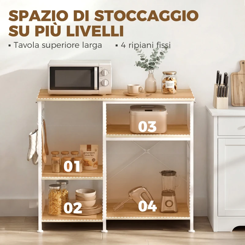 HOMCOM Scaffale Cucina con Ripiani in Legno e Metallo con 5 Ganci, Salvaspazio, 90x39x83.5 cm, Rovere