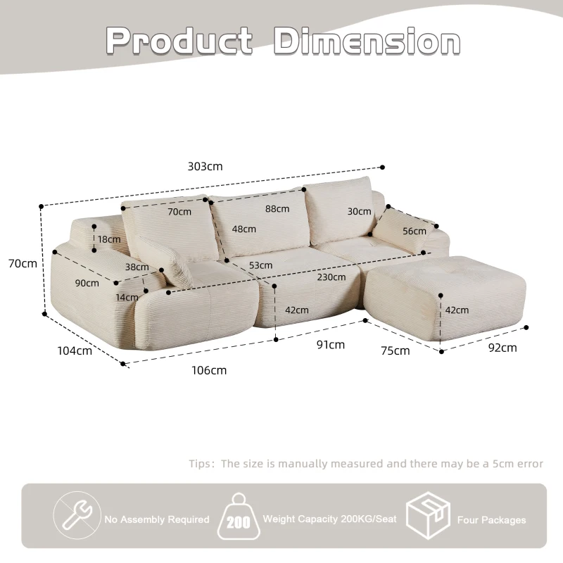 Modernes Sofa aus komprimiertem Memory-Schaumstoff, große Sofagarnitur für das Wohnzimmer, haustierfreundliches modulares Sofagarnitur Cloud, Cordstoff, kein Zusammenbau erforderlich, Beige