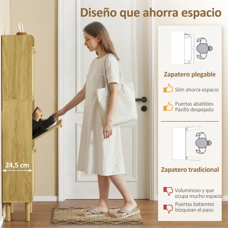 HOMCOM Mueble Zapatero con 3 Cajones Abatibles y Estante Abierto para12-18 Pares de Zapatos 65x24,5x153 cm Roble