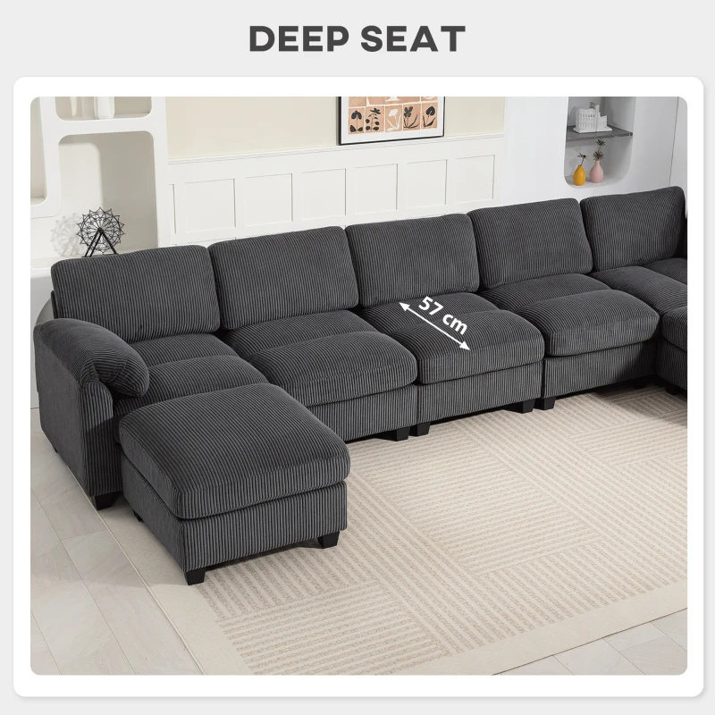 HOMCOM Sofá esquinero en U sofá con muelles ensacados reposabrazos acolchados otomana móvil pana 292x224x85 cm Gris oscuro