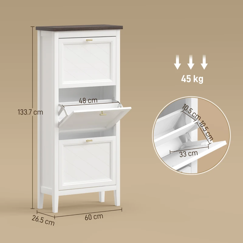 HOMCOM Shoe Cabinet with 3 Flip Drawers, Farmhouse Narrow Shoe Storage Cabinet with Adjustable Shelves, White