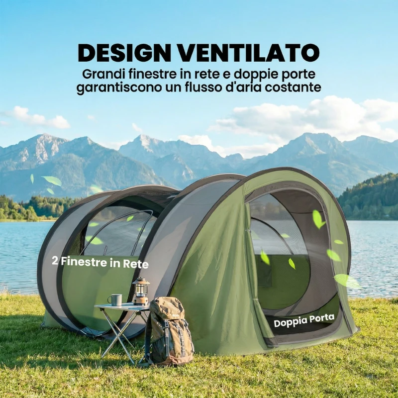 Outsunny Tenda da Campeggio Pop-Up per 2-3 Persone, 2 Porte, 2 Finestre, Impermeabile, Verde