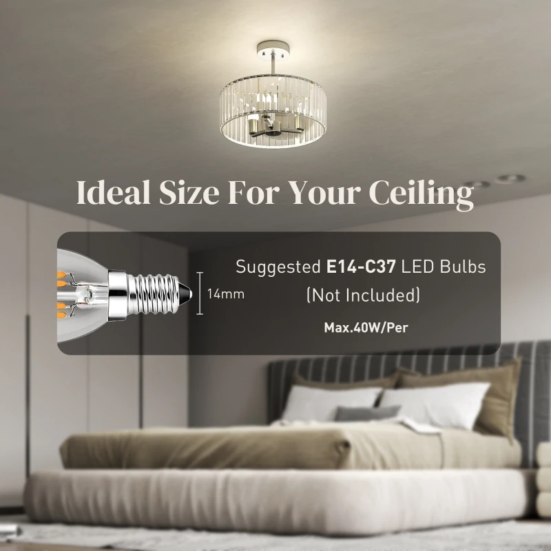 HOMCOM Crystal Ceiling Light Fixture Set of 2, Semi Flush Mount Modern Chandelier for Living Room, Bedroom and Hallway, 3-Lights with E14 Base, Silver Tone